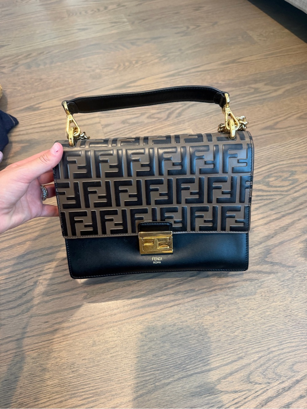Fendi Black and Brown FF Logo Satchel with Gold Hardware